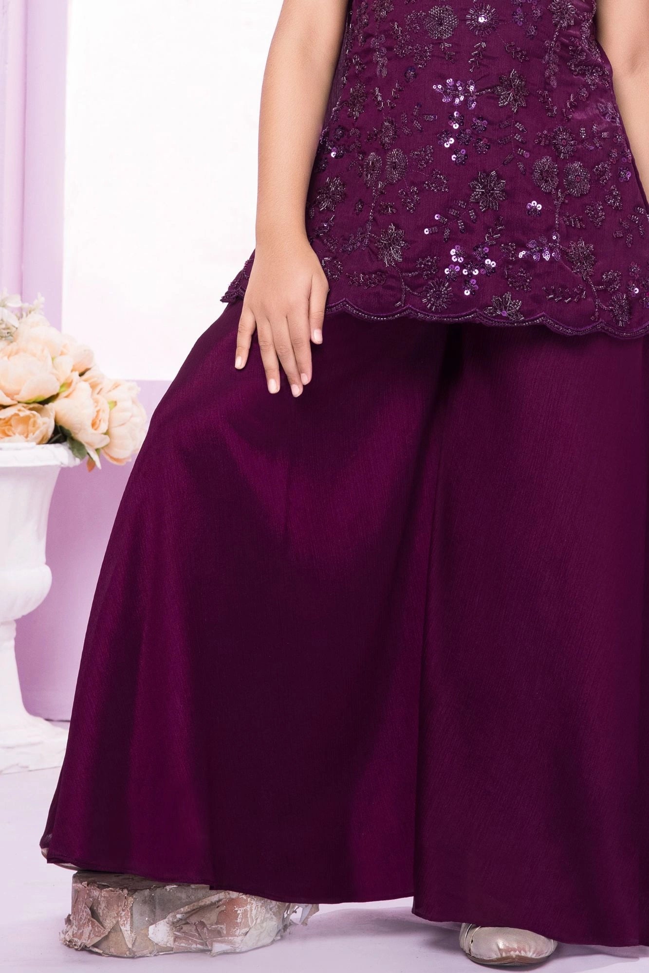 Wine Sequin Embroidered Palazzo Set with Dupatta For Girls