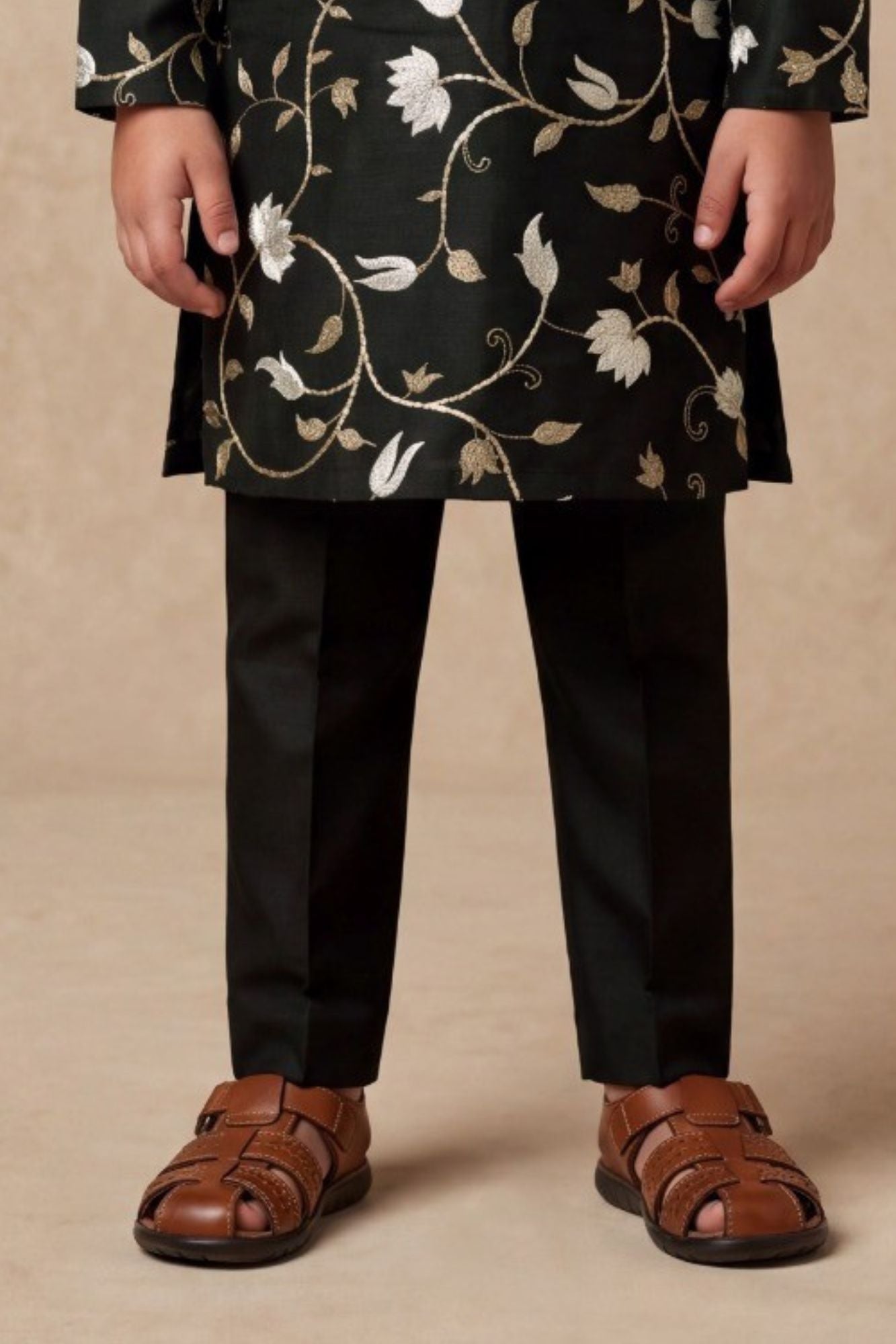 Boys Black Kurta Pajama Set with Floral Gota Patti And Sequin Work