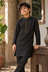 Black Embroidered Linen Kurta Set For Boys