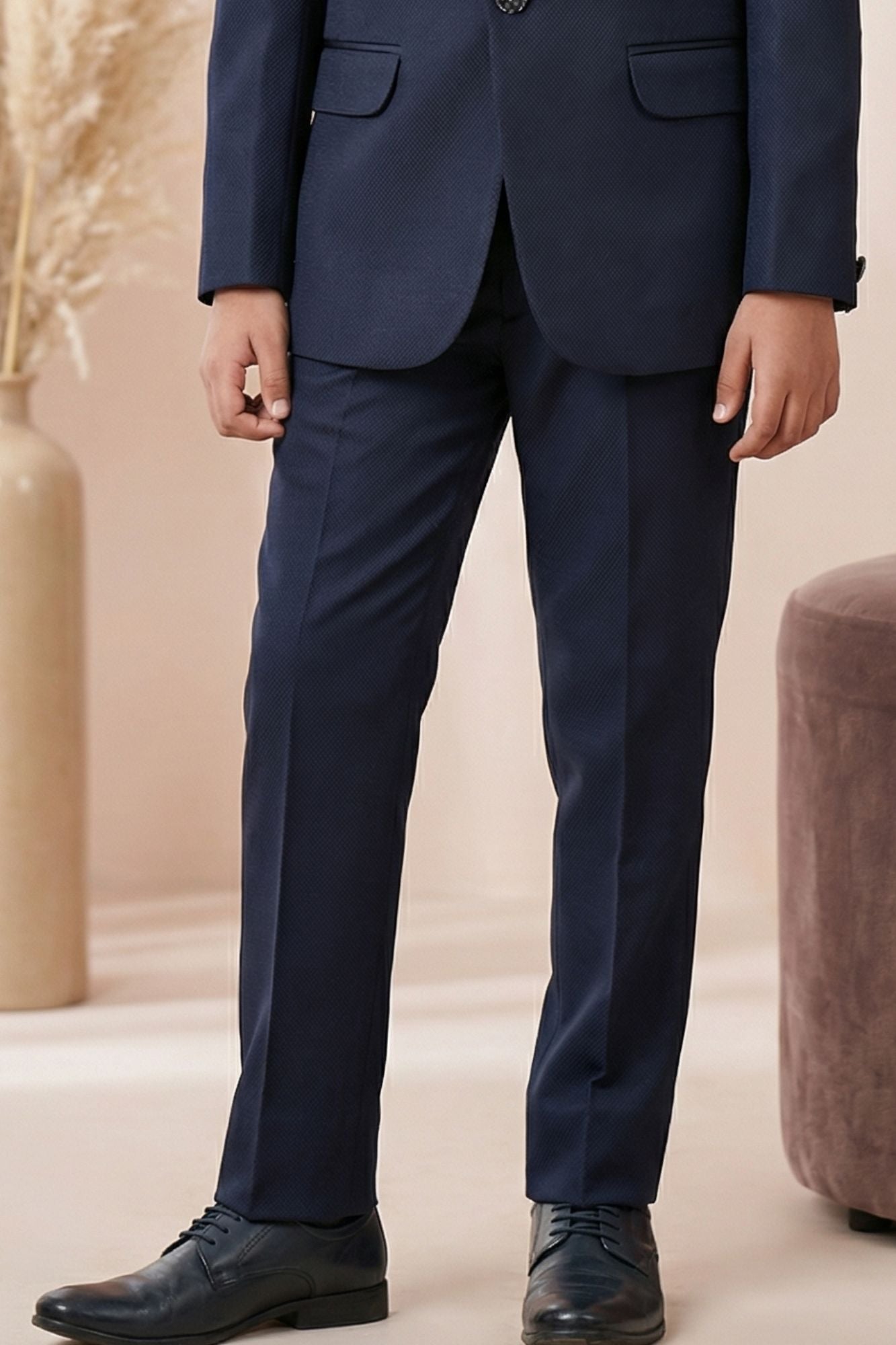 Navy Blue Embroidered 5 Piece Suit Set With Bead Work For Boys