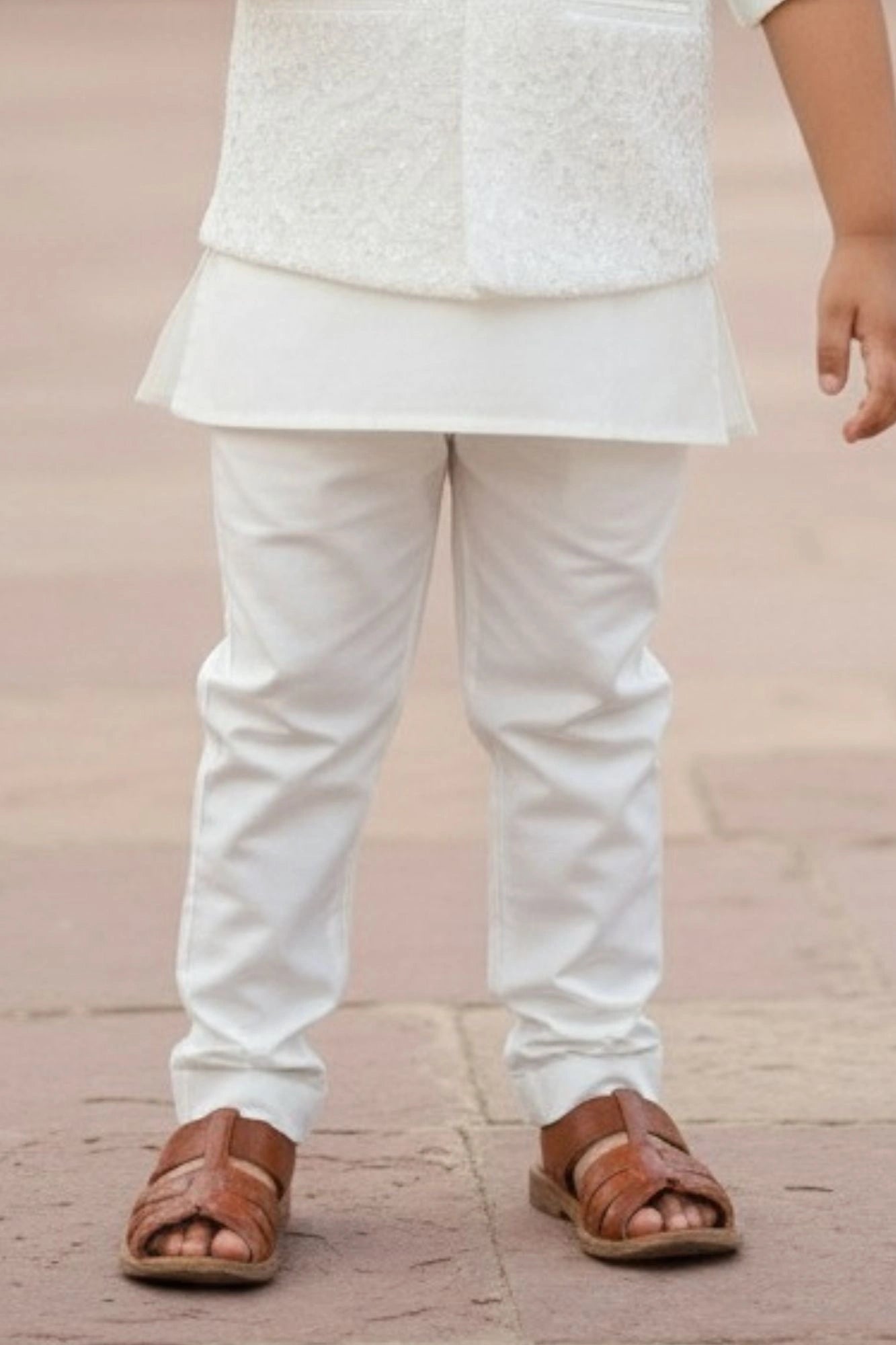 Cream Kurta Pajama Set with Embroidered Nehru Jacket For Boys