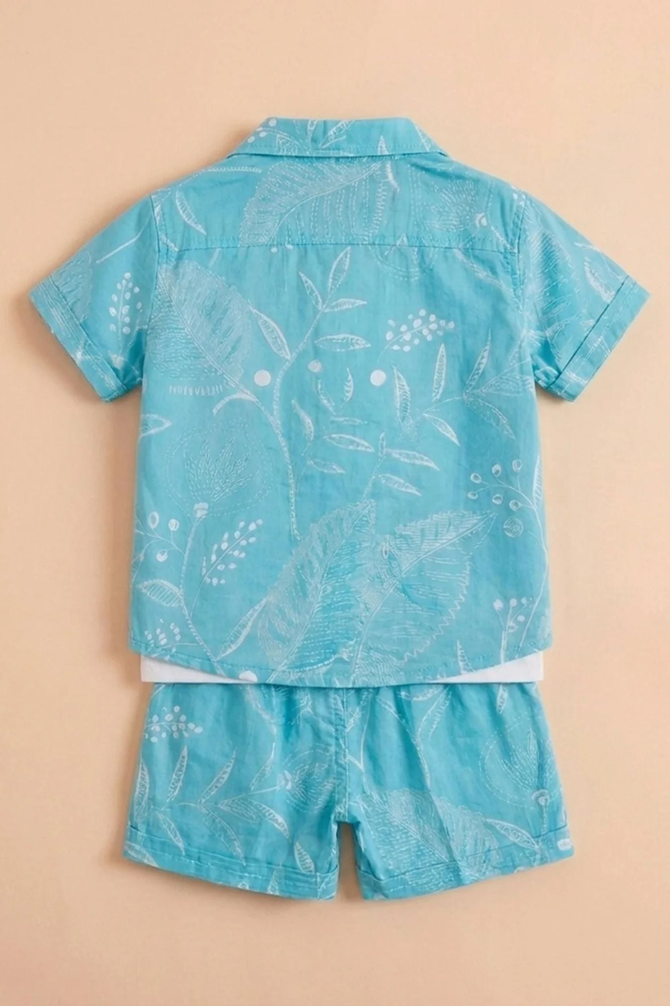 Boys Blue Shorts Set with Printed Shirt And Graphic T-Shirt