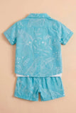 Boys Blue Shorts Set with Printed Shirt And Graphic T-Shirt