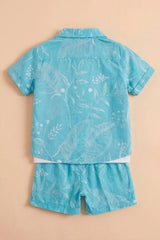 Boys Blue Shorts Set with Printed Shirt And Graphic T-Shirt
