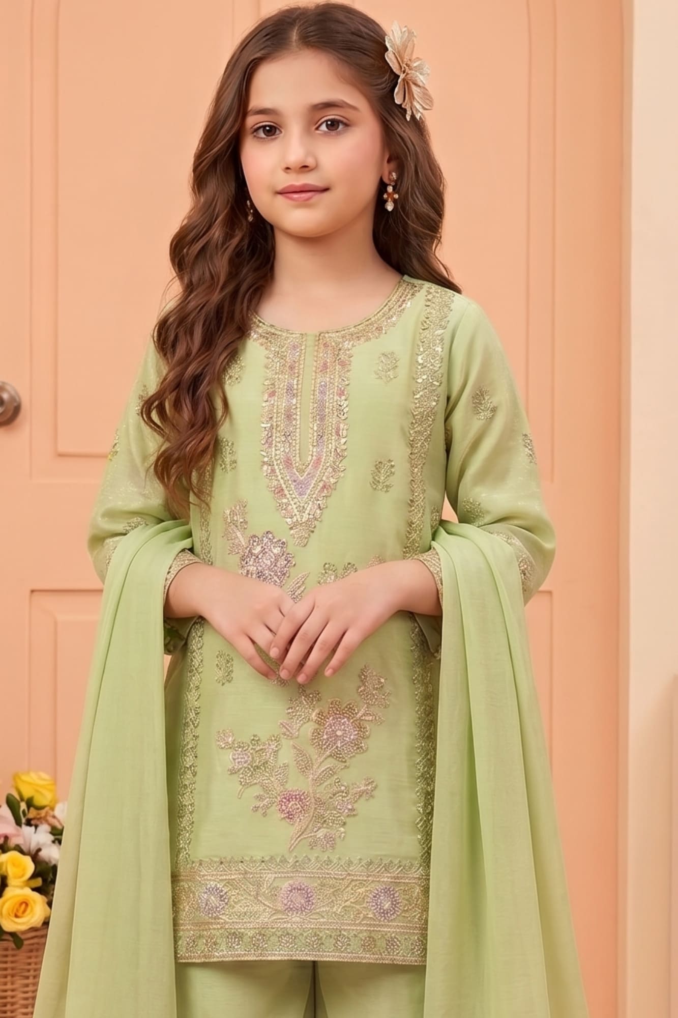 Pista Floral Zari Work Designer Wear Palazzo Set
