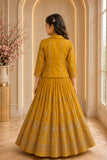 Girls Mustard Yellow Embroidered Jacket Style Lehenga Set with Floral Work