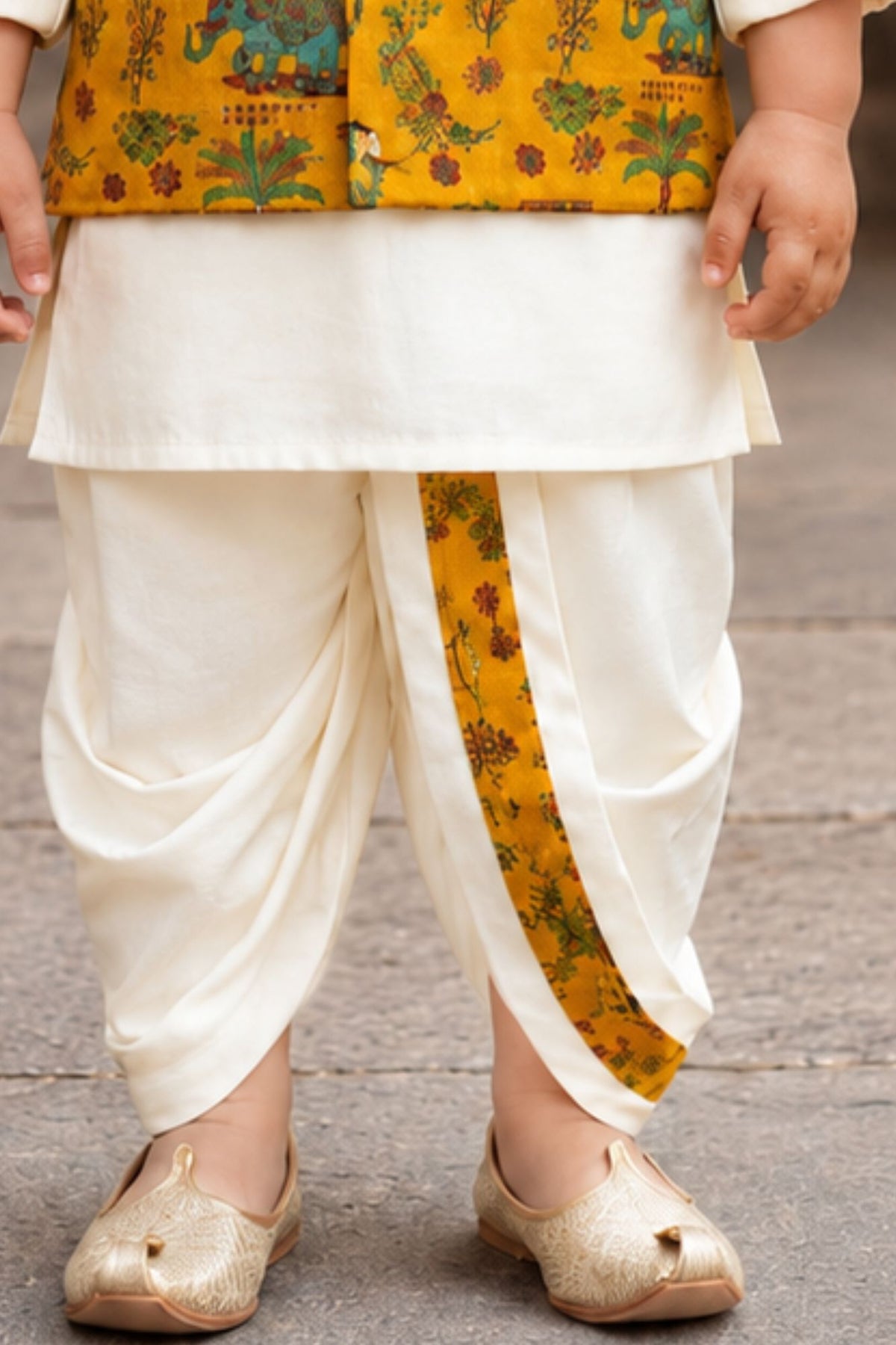 Boys Mustard Yellow Printed Waistcoat Dhoti Kurta Set
