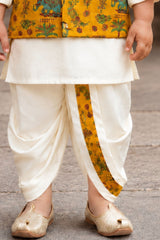 Boys Mustard Yellow Printed Waistcoat Dhoti Kurta Set