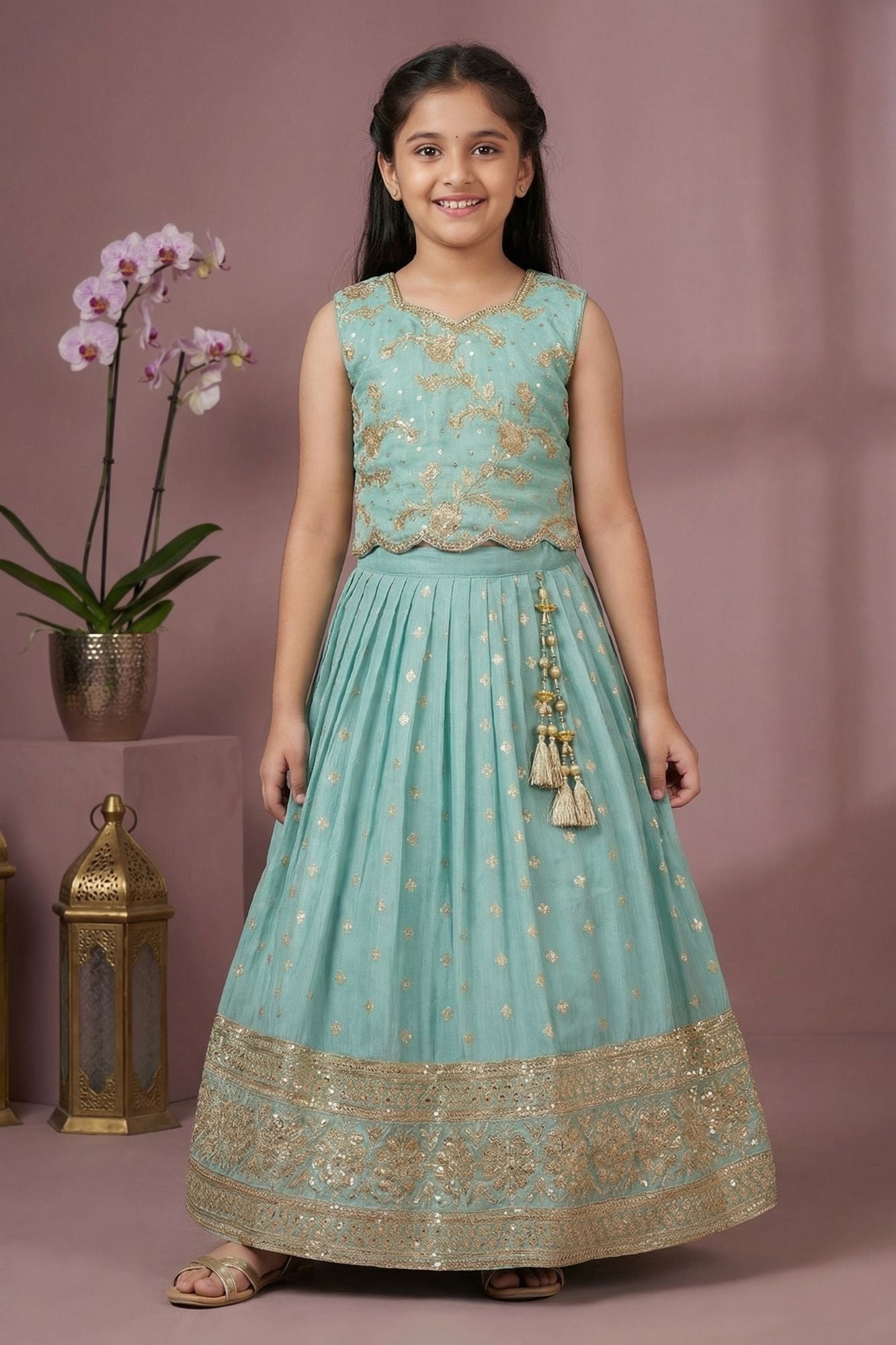 Blue Floral Embroidered Lehenga Choli For Girls