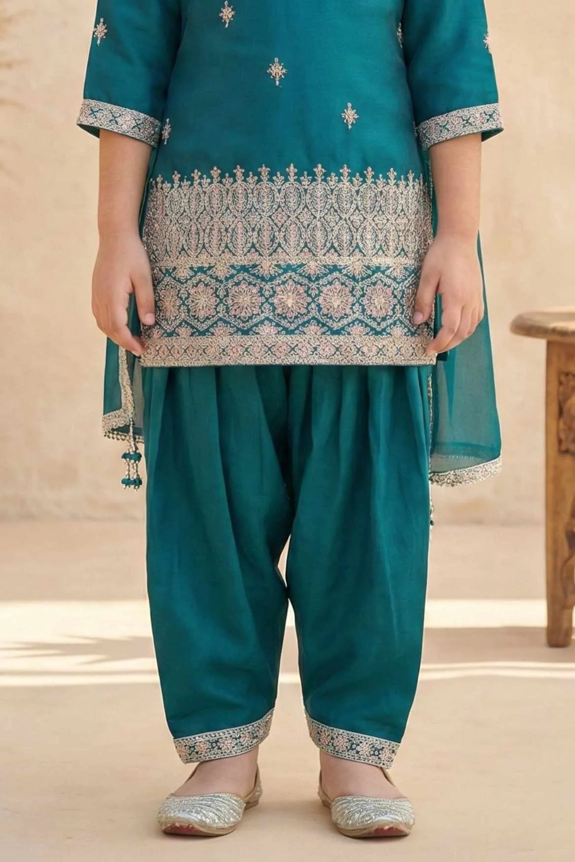 Rama Green Embroidered Patiala Set For Girls