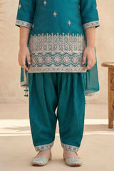 Rama Green Embroidered Patiala Set For Girls