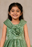 Girls Sage Green Party Wear Frock with 3D Floral Bow And Sequin Detailing