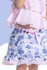 Pink Chiffon Top And Printed Skirt Set For Girls