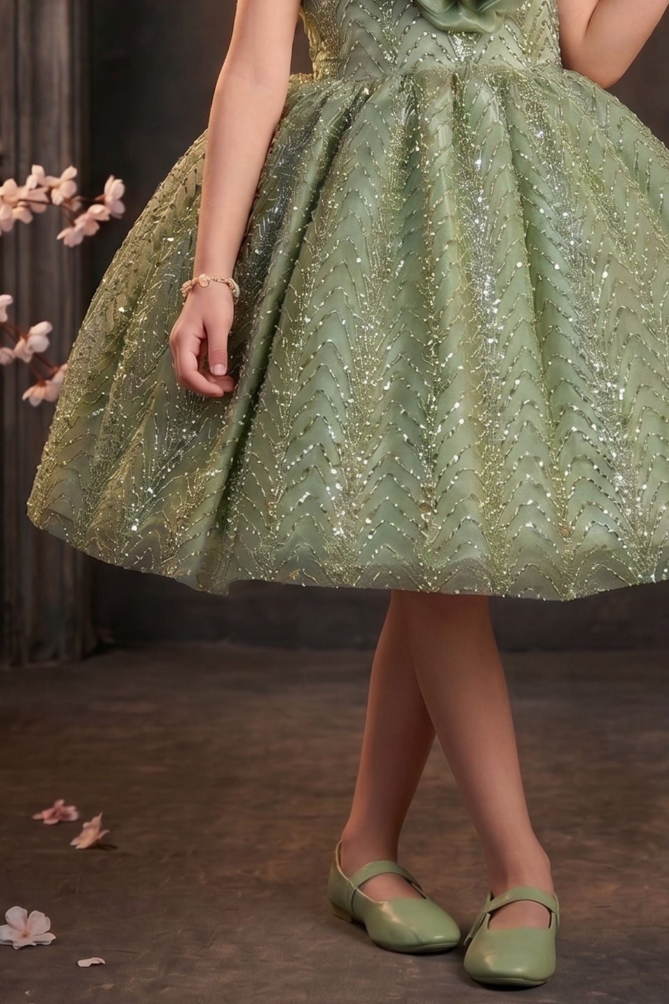 Girls Sage Green Party Wear Frock with 3D Floral Bow And Sequin Detailing