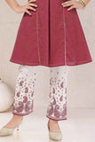 Maroon Kurta Set with Embroidered Yoke & White Printed Pants For Girls