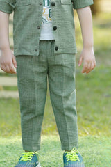 Green Overcoat With White T shirt And Pant Set For Boys