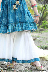 Blue Printed Kurti And White Palazzo With Dupatta Set For Girls