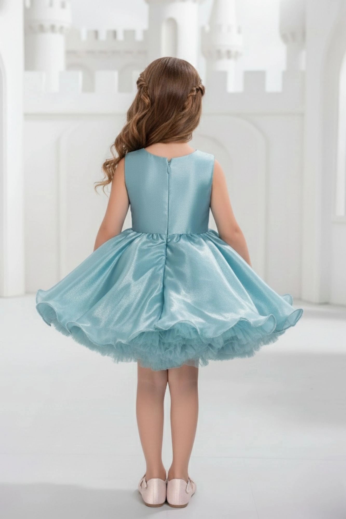 Sky Blue Embellished Glitter Bow Party Dress for Girls