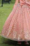 Peach Gown With Bow Embellished And Shimmer Printed For Girls