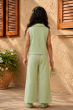 Girls Pista Green Sleeveless Embroidered Co-Ord Set with Wide Leg Pants