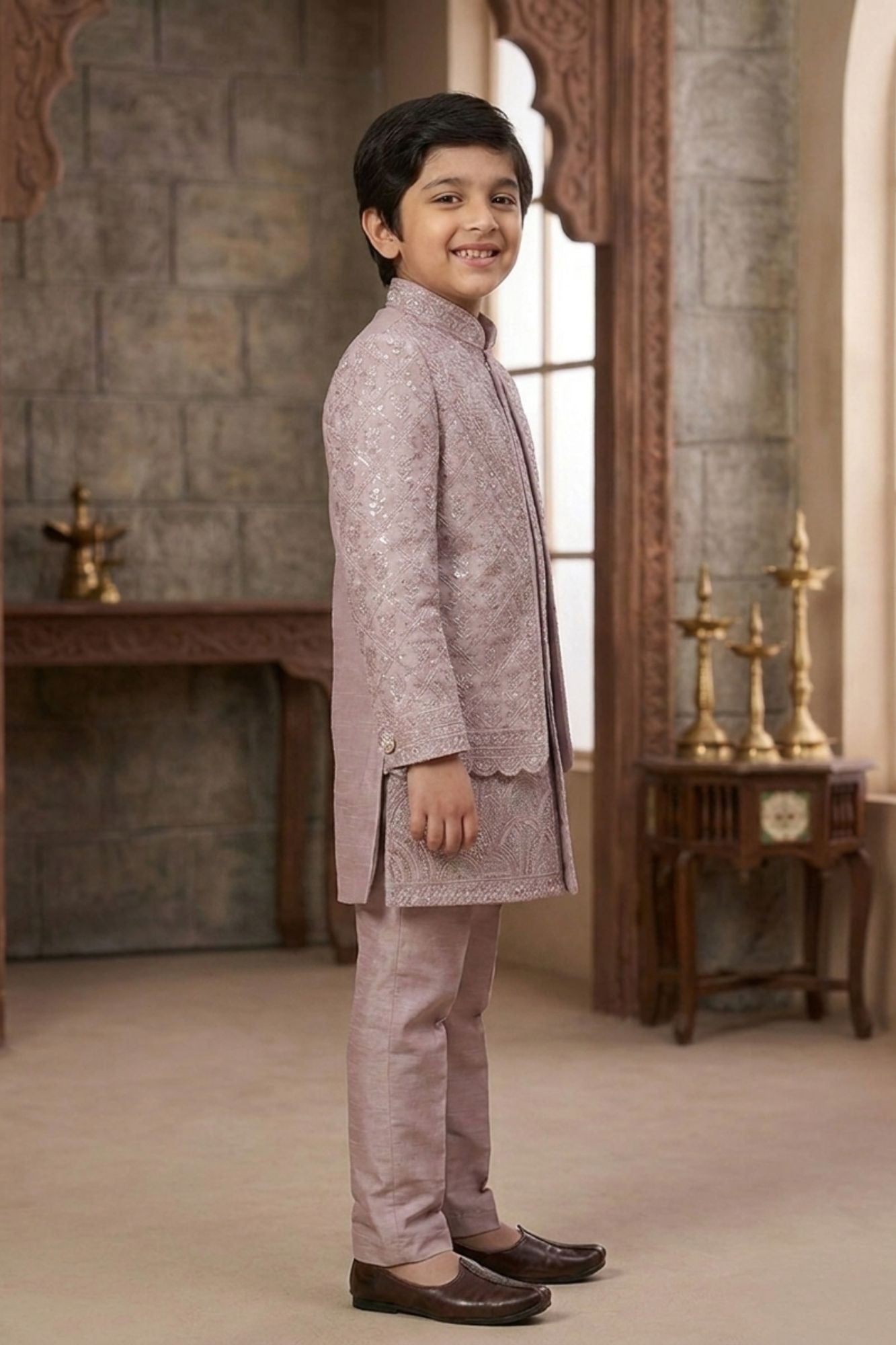 Lavender Embroidered Indo Western Sherwani Set For Boys