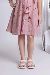 Pink Dress With Floral Embroidered And Flutter Sleeves For Girls