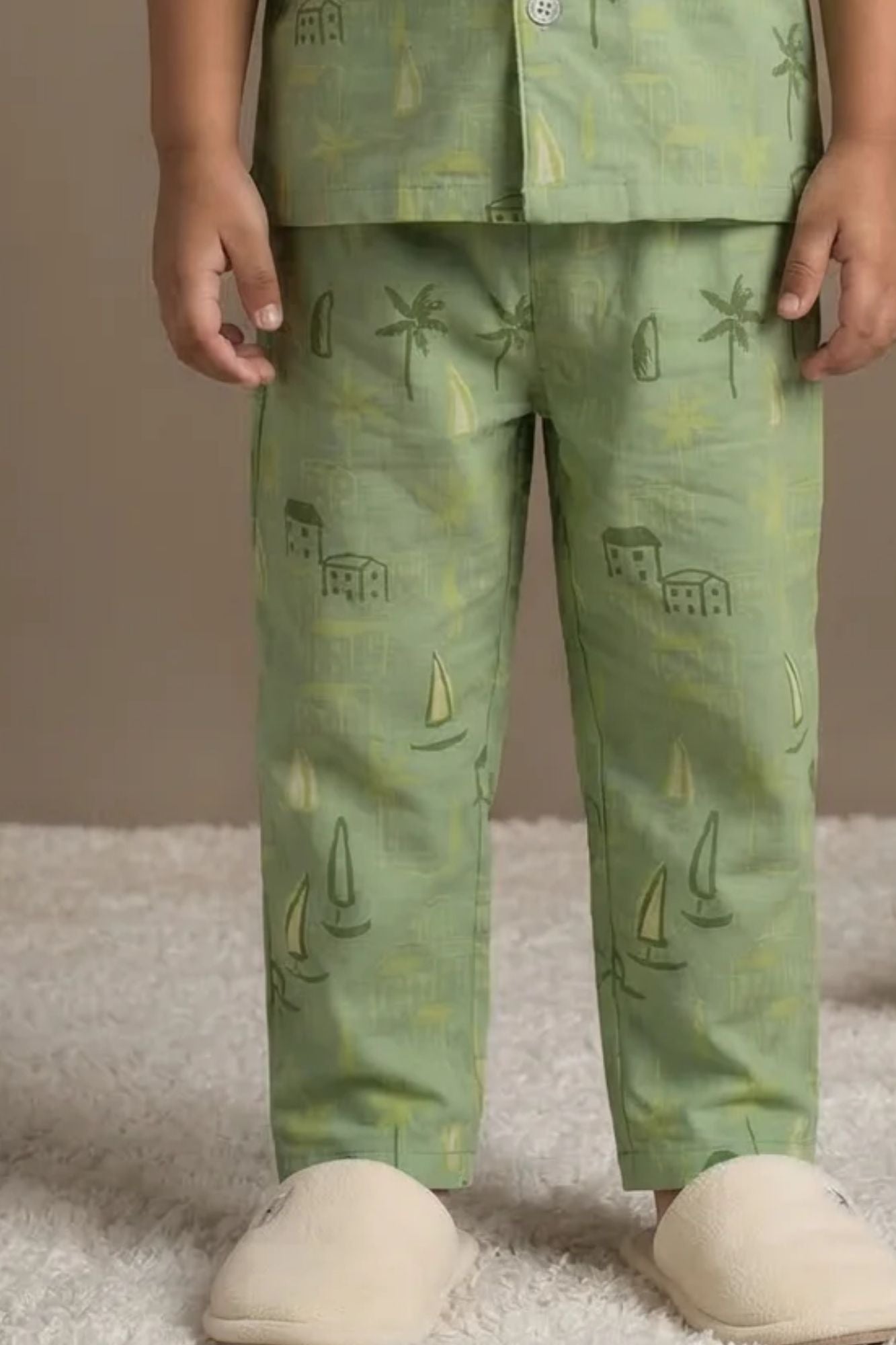 Green Tropical Print Night Suit Set For Boys