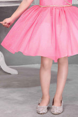 Pink Sleeveless And Bow Embellishment With Stone Worked Frock For Girls