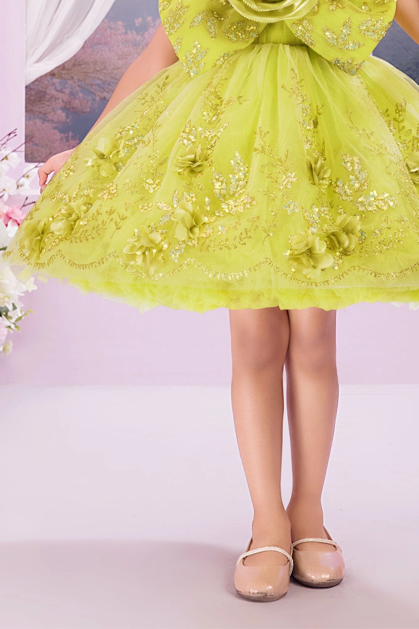 Mustard Green Glitter Party Frock with 3D Floral Bow For Girls