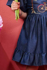 Stylish Blue Denim Casual Frock With Embroidery For Girls