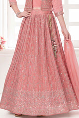 Peach Sequin Work And Embroidered Lehenga Choli Set For Girls