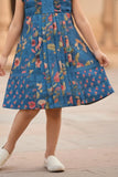 Blue Floral Printed Cotton Frock with Ruffle Yoke For Girls