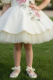 Cream Floral Embroidered Puff Sleeve Party Frock For Girls