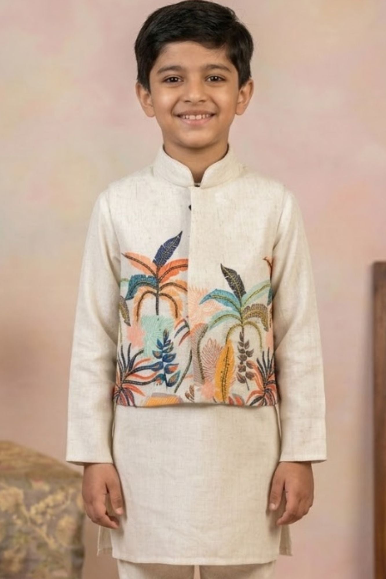Ivory Kurta Pyjama Set with Tropical Printed Nehru Jacket For Boys
