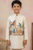 Ivory Kurta Pyjama Set with Tropical Printed Nehru Jacket For Boys