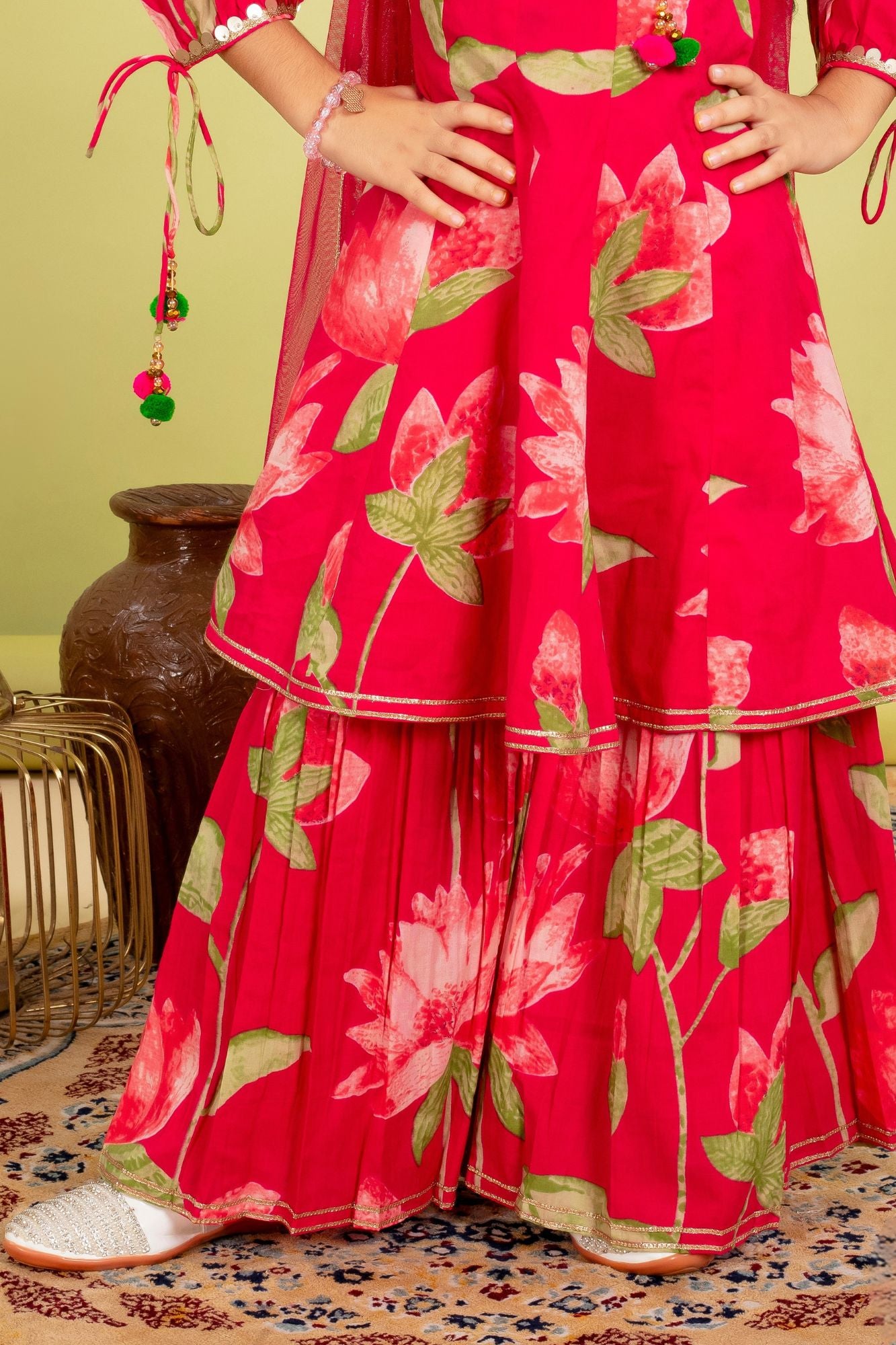 Girls Rani Pink Floral Print Sharara Set – Stylish Ethnic Wear
