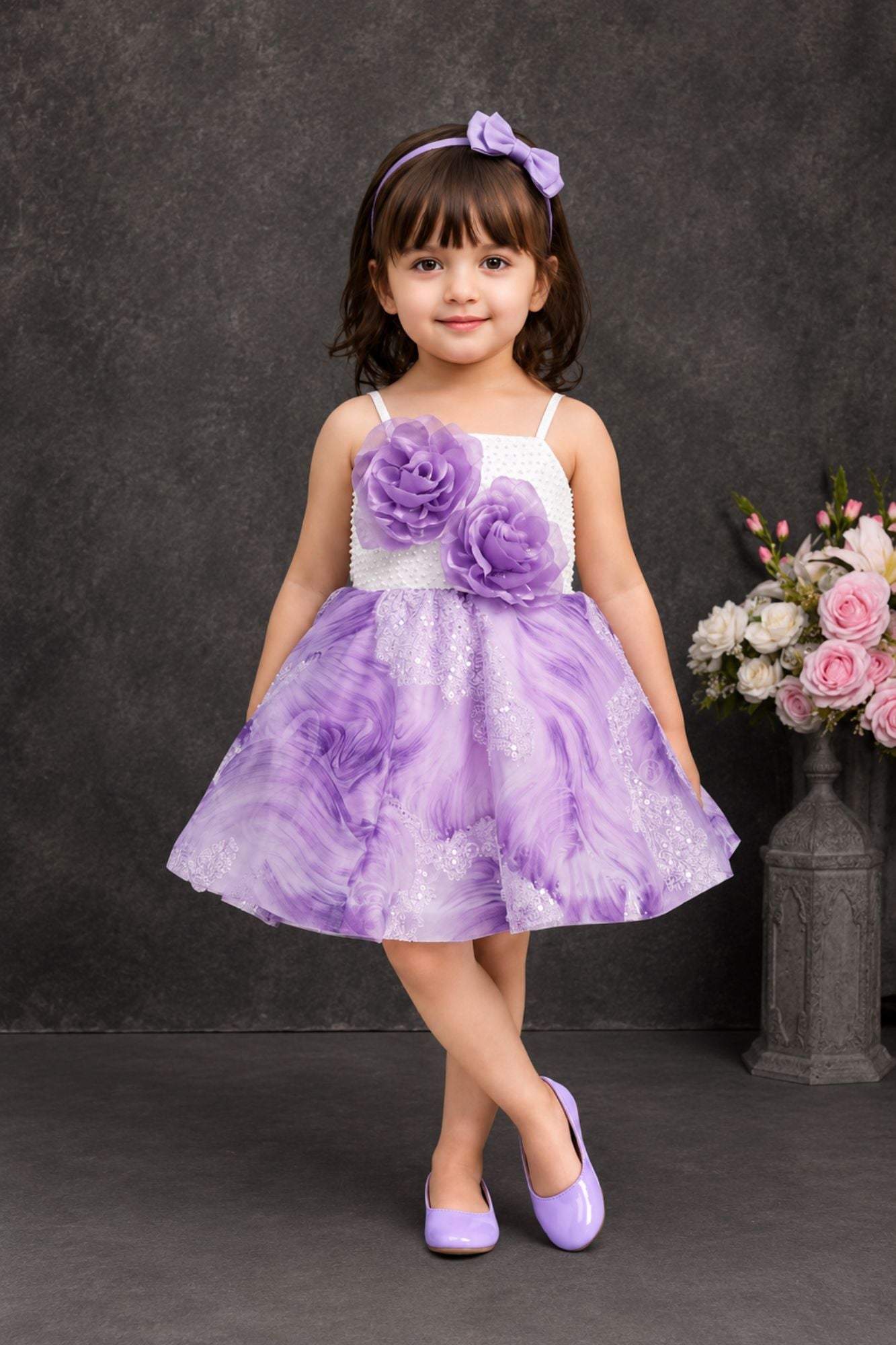 White & Lavender Sequin Embellished Party Wear Frock With 3D Floral Applique