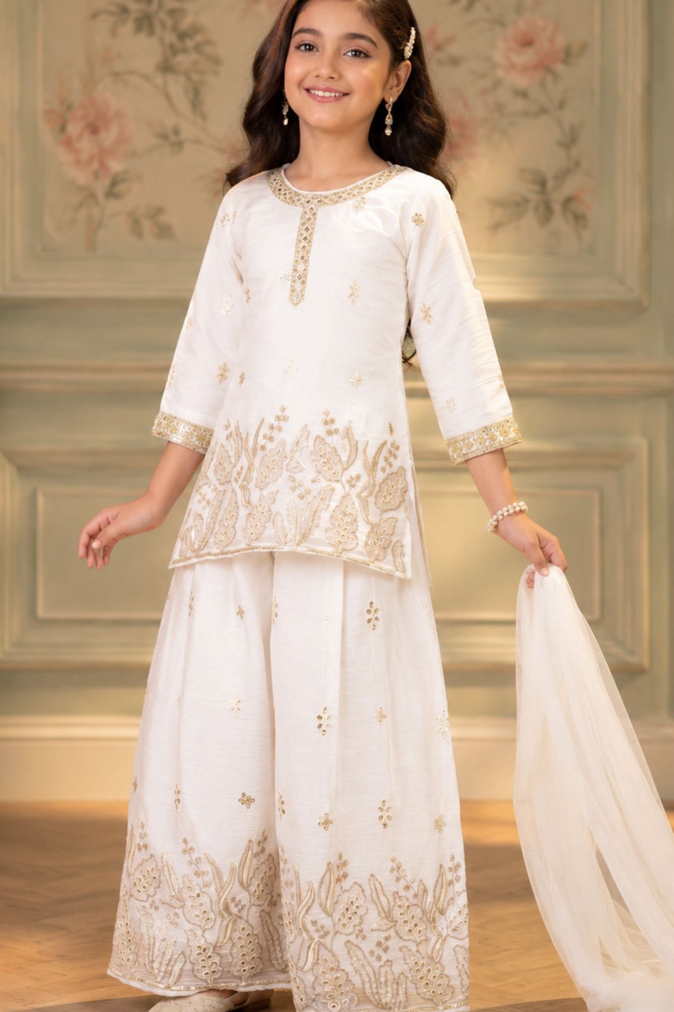 White Zari Embroidered Palazzo Set For Girls