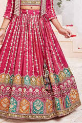 Red Sequin Work And Embroidered Lehenga Choli Set With Overcoat For Girls