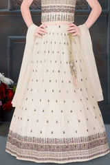 Off White Lehenga Choli  With Multicolour Embroidery For Girls