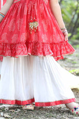 Red Printed Kurti And White Palazzo With Dupatta Set For Girls