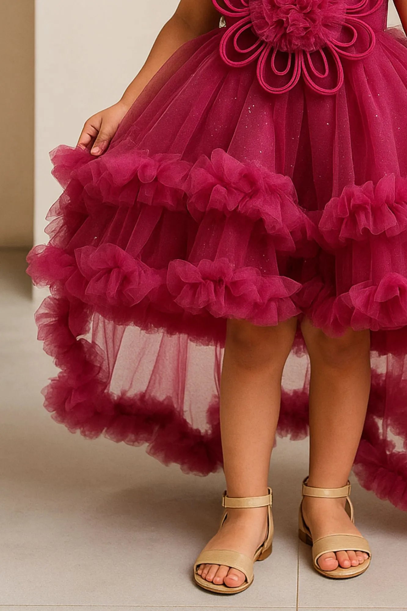 Raspberry Pink Ruffle Frock with 3D Floral Appliqué For Girls