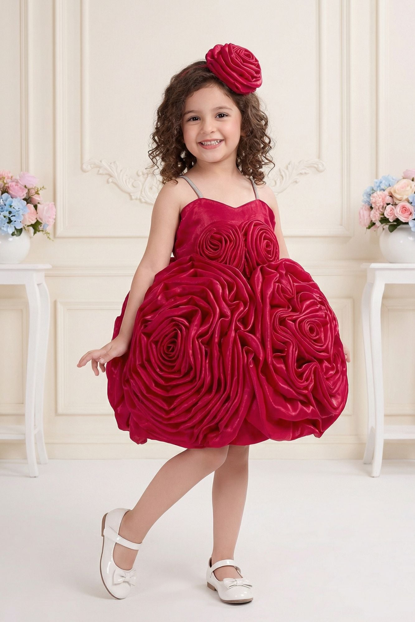 Rani Pink 3D Rosette Appliqué Party Wear  Frock For Girls