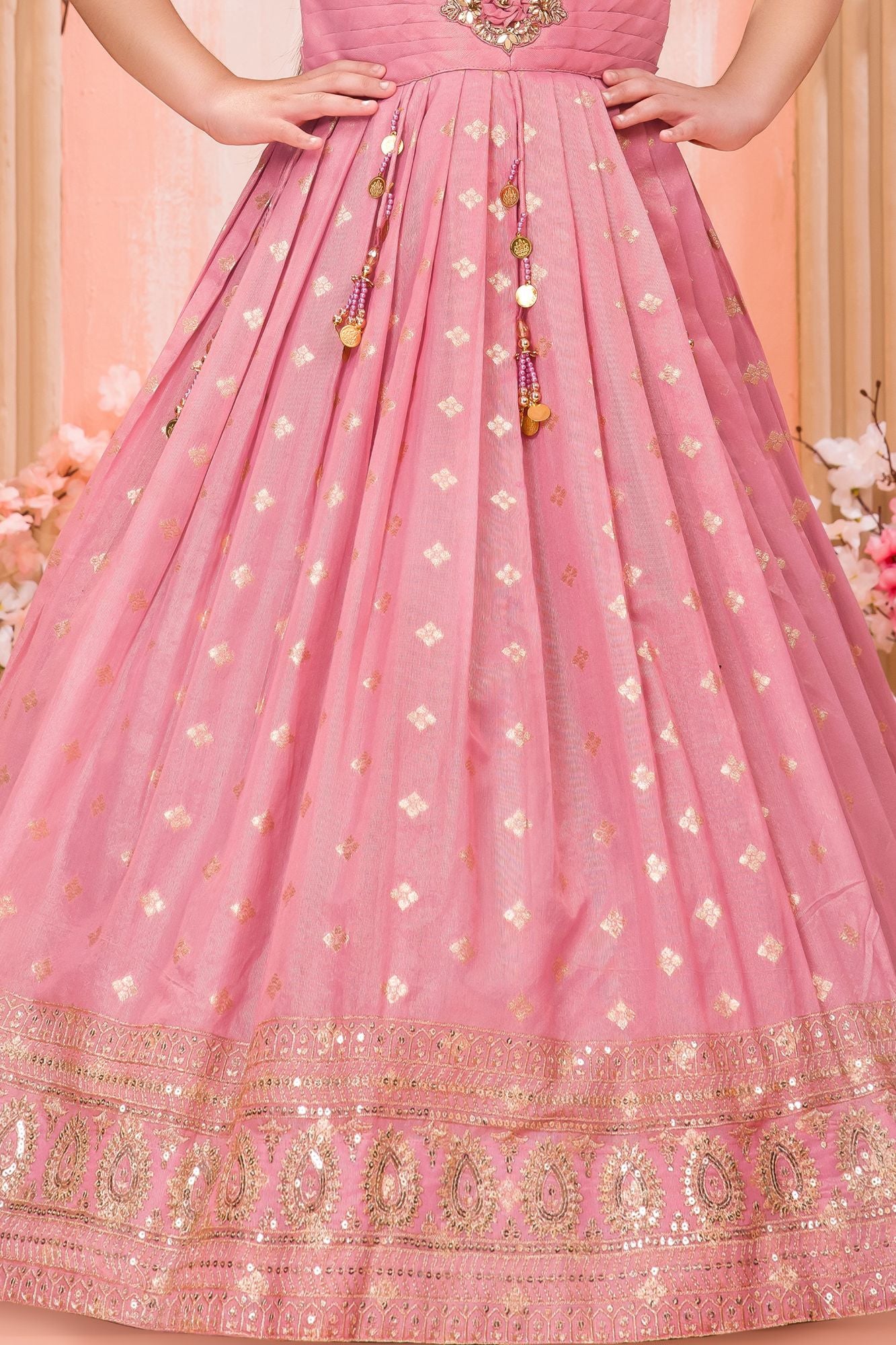 Rose Pink Embroidered Ethnic Gown For Girls