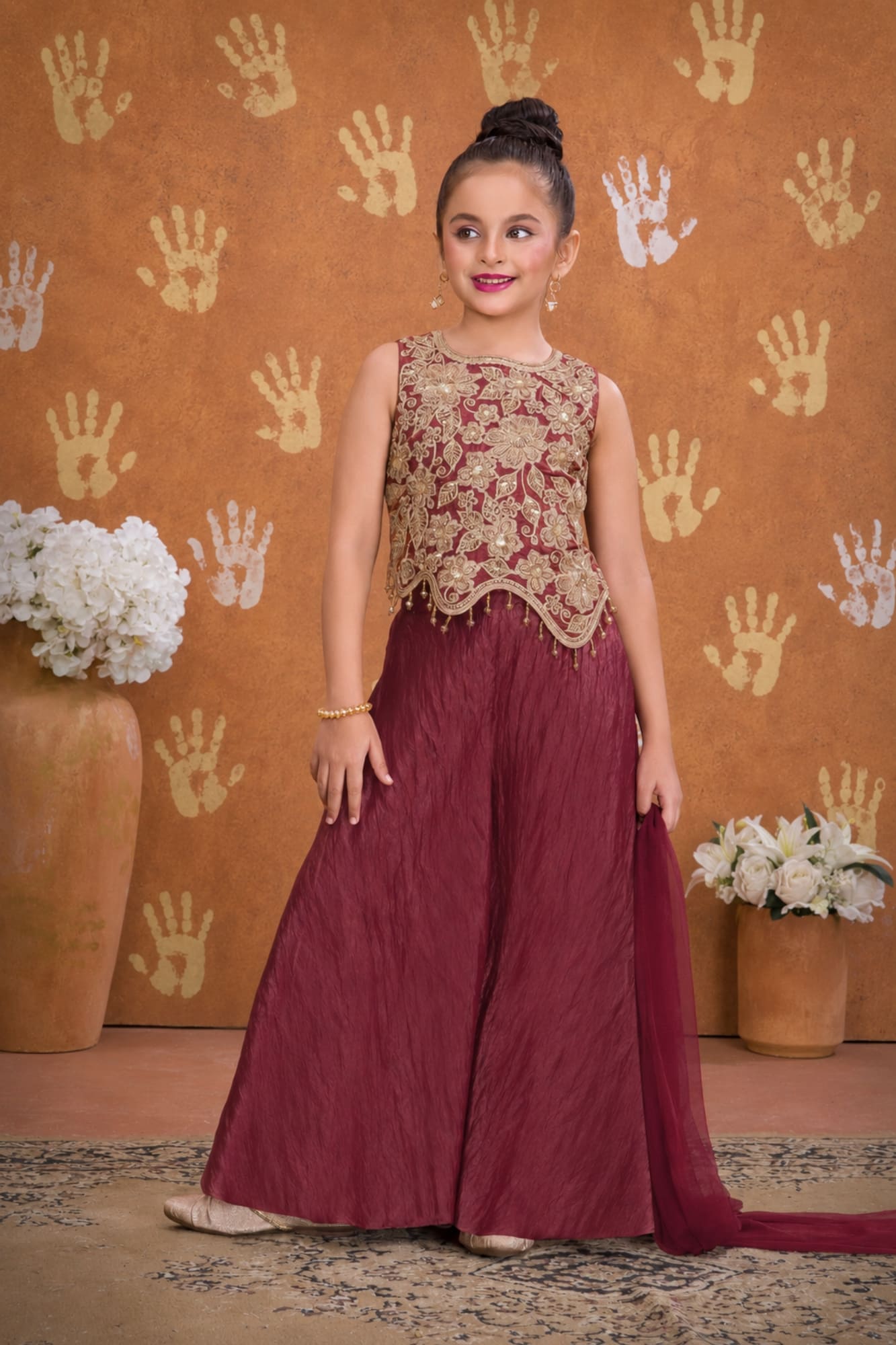 Girls Wine Embroidered Palazzo Set with Dupatta