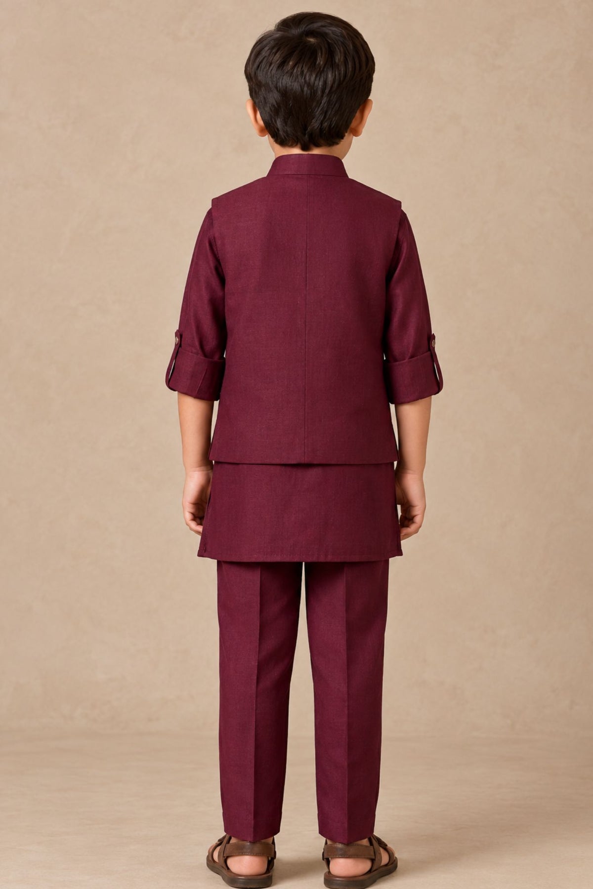 Boys Maroon Floral Embroidered Nehru Jacket Kurta Set