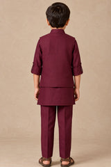 Boys Maroon Floral Embroidered Nehru Jacket Kurta Set