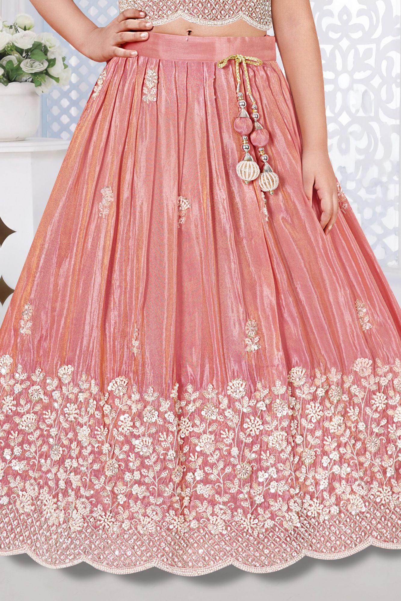 Girls Dusty Pink Floral Embroidered Lehenga Choli With Dupatta