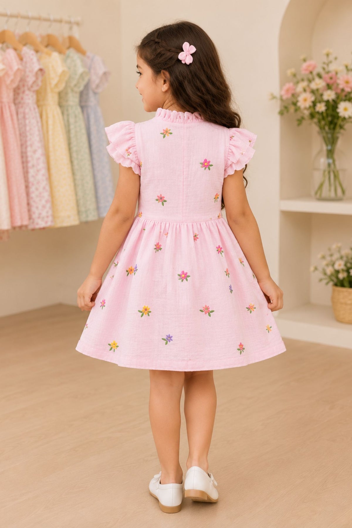 Girls Pink Multicolour Floral Embroidered Dress
