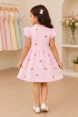 Girls Pink Multicolour Floral Embroidered Dress